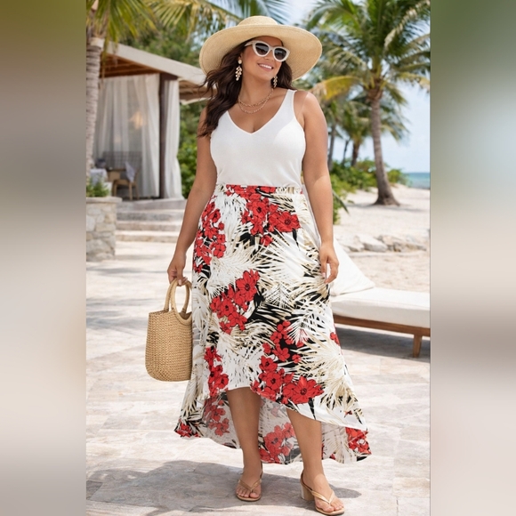 Chico's Dresses & Skirts - Chico's Tropical Palm Floral Maxi Skirt Red White Asymmetrical High Low Size 3 X